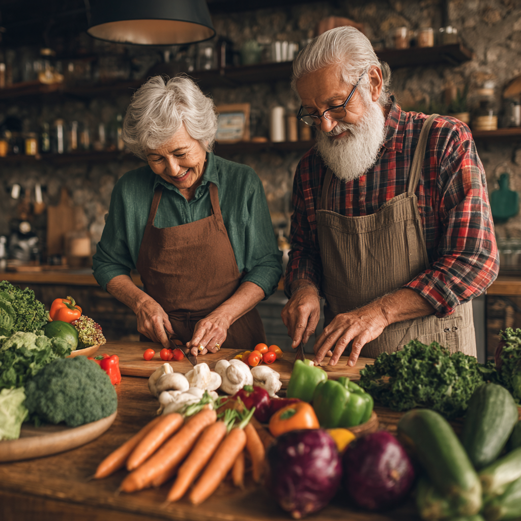 50 years old adults discovering healthy eating habits and natural nutrition