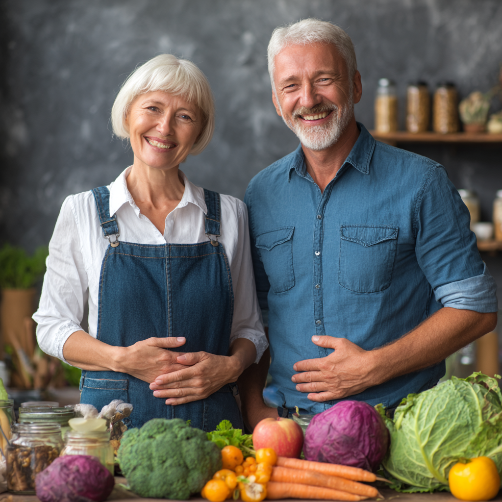 51 years old adults learning about gut health and microbiome benefits